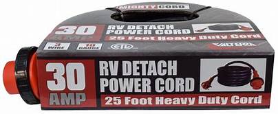 30AMP RV detachable power cord by Valterra Products, 25ft long, used for connecting RVs to power sources outdoors.