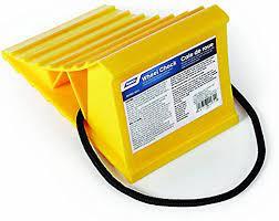 Wheel chock with rope for towing safety, Meyer Distributing towing accessories and safety equipment in durable plastic.