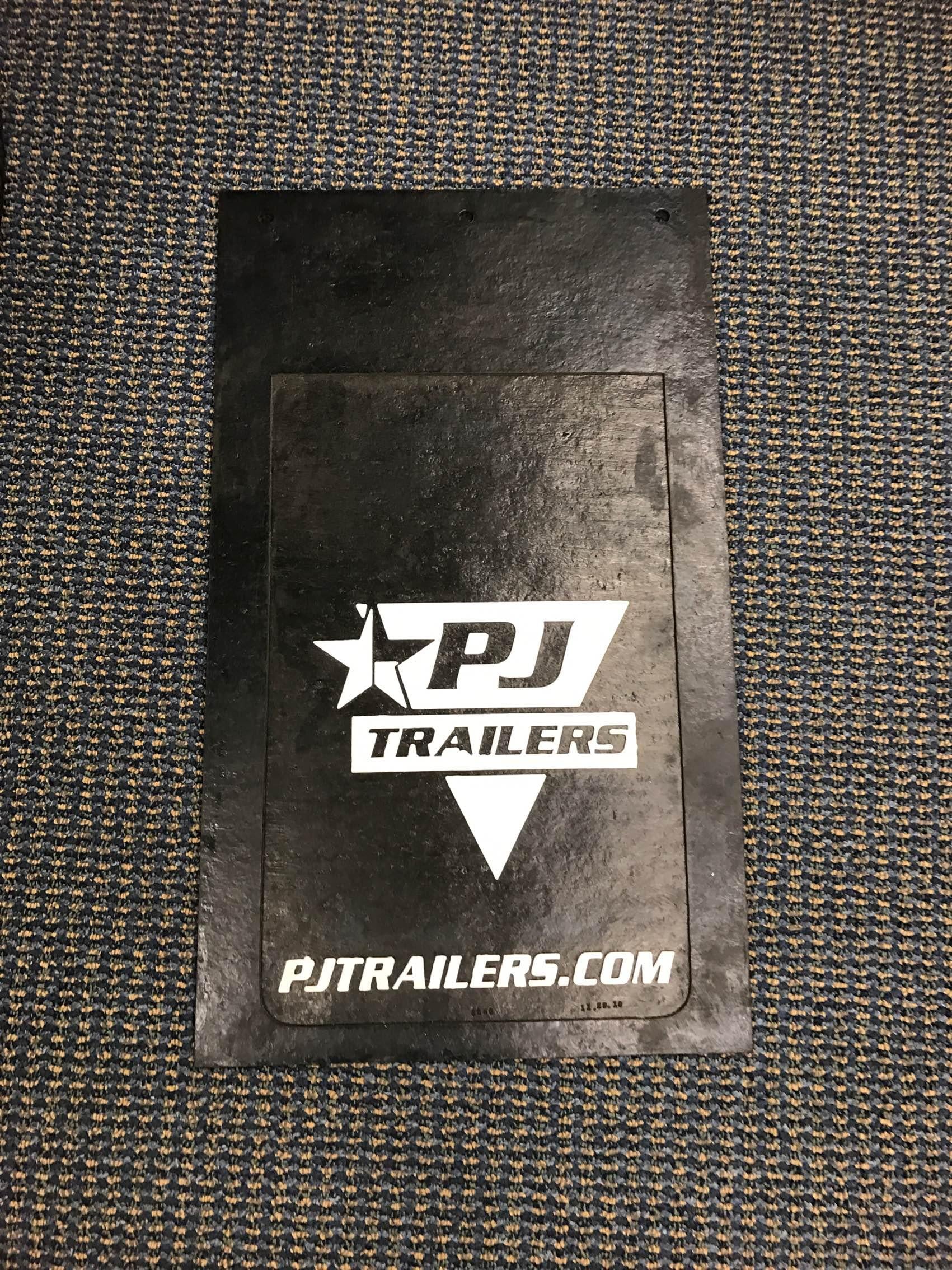 PJ Mudflap Single 16x27 inches for trailer body and frame by PJ Trailers MFG, Inc., shown mounted on a trailer.