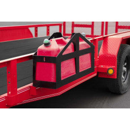 PJ Ready Rail dual 5-gallon gas can rack mounted on trailer frame, made by PJ Trailers MFG, Inc.