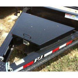 Black A-frame toolbox by PJ Trailers MFG, Inc. with no holes, designed for secure storage and easy access on trailers.