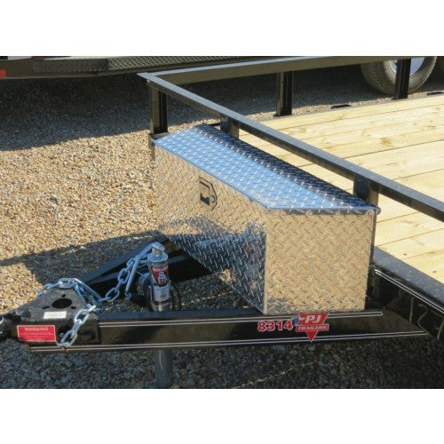 Small aluminum A-frame toolbox by PJ Trailers MFG, Inc., designed for durable storage on utility or work trucks.