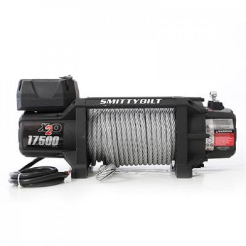 Electric Smittybilt winch with 17,500 lbs capacity, mounted on a vehicle for heavy-duty towing and recovery.