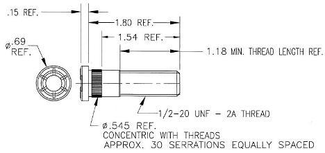 Tex Trail 3.5K hub stud, 1/2-20 x 1.81-inch long axle component, showing the threaded metal stud with hex head.