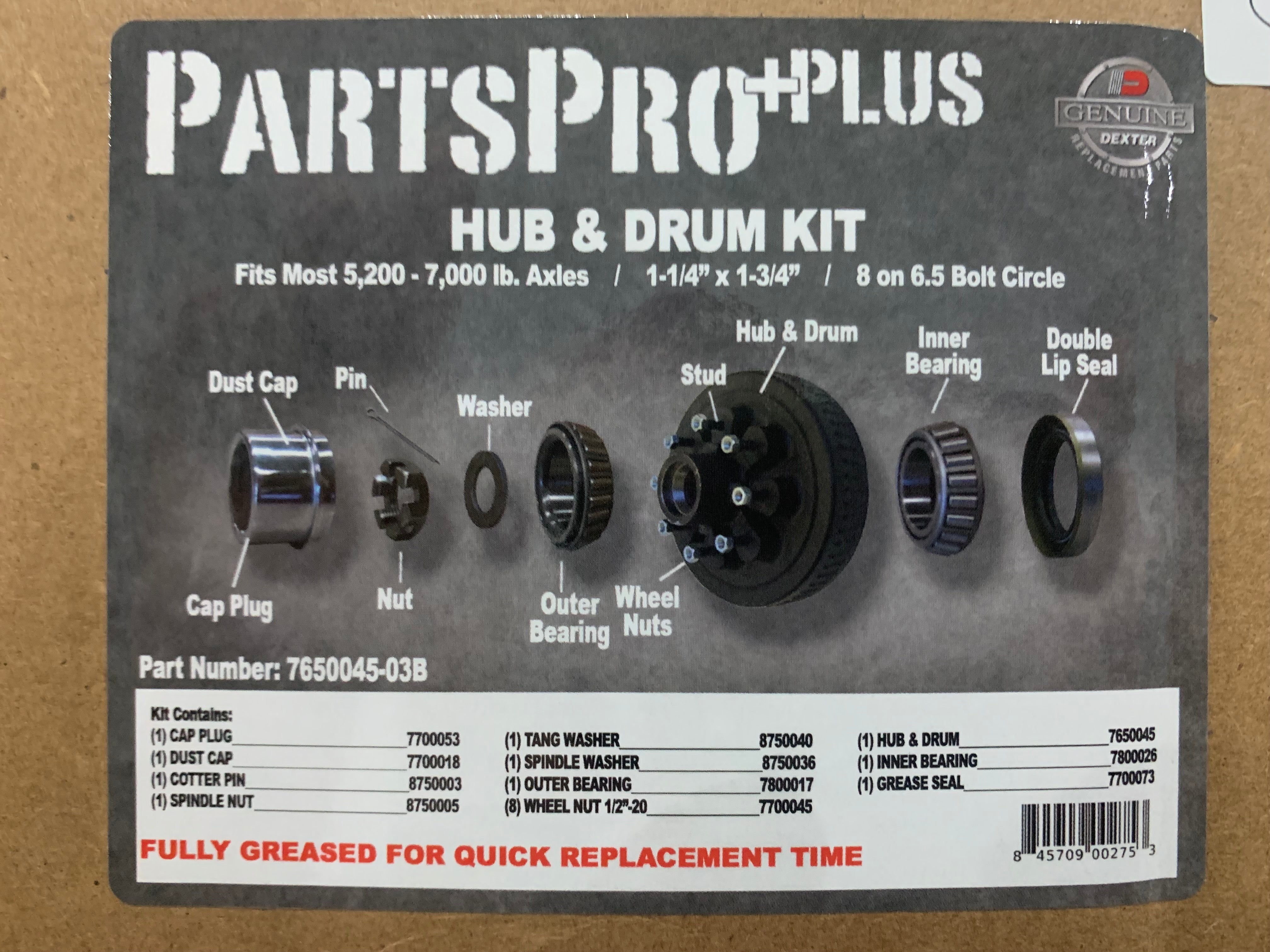 Tex Trail Dexter 7K hub and bearing kit with 1/2-inch studs, suitable for axle components and vehicle repairs.
