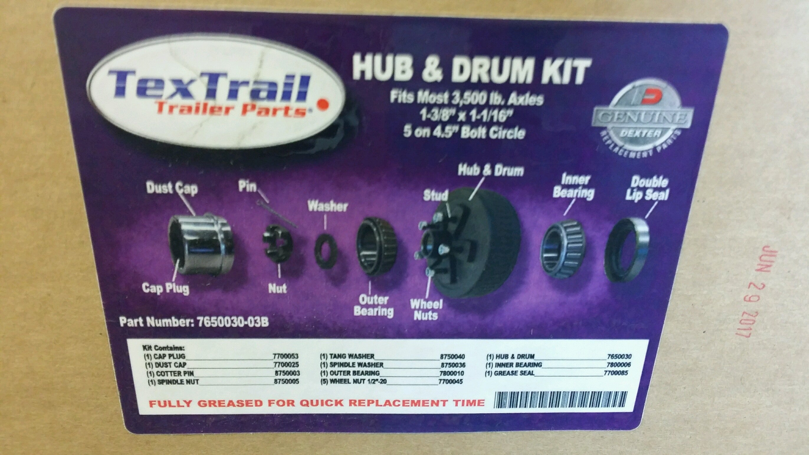 Tex Trail Dexter Kit H-D DX 3.5K 545 EZ complete axle components with parts and hardware for heavy-duty vehicle axle repair.