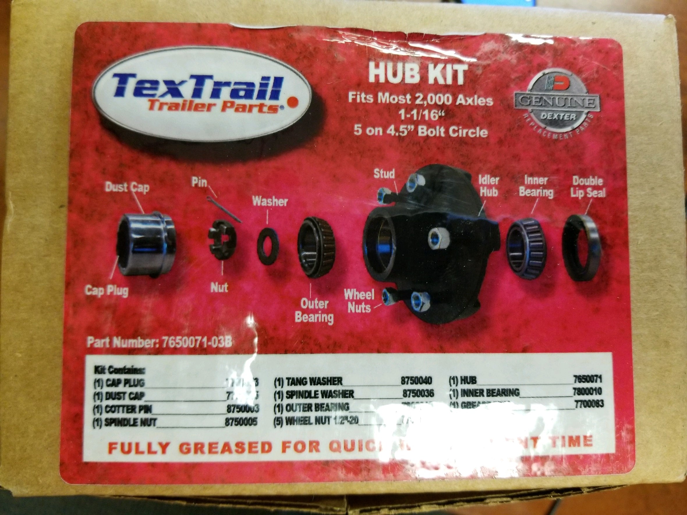 Tex Trail Dexter Kit Hub DX 2K 545 5.5 BT16 EZ axle component, shown in close-up view with detailed hub features.