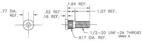 Tex Trail Stud DX pressed axle component with 3.5K capacity, 1/2-20 x1.64L, steel Grade 8, spline and base details visible.