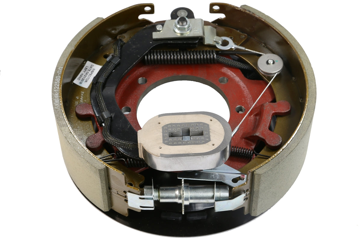Tex Trail Dexter 9-10KGD LHS 7-bolt electric brake showing the brake assembly with mounting bolts and electrical connections.
