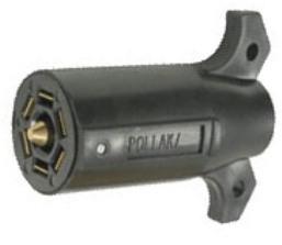 Plastic RV plug by Tex Trail for electrical connection, showing a close-up of the 7-pin RV electrical plug with secure locking mechanism.