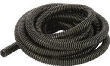 Split plastic wire loom, 3/4 inch, by Tex Trail, for electrical and lighting applications, shown in black coiled around wires.