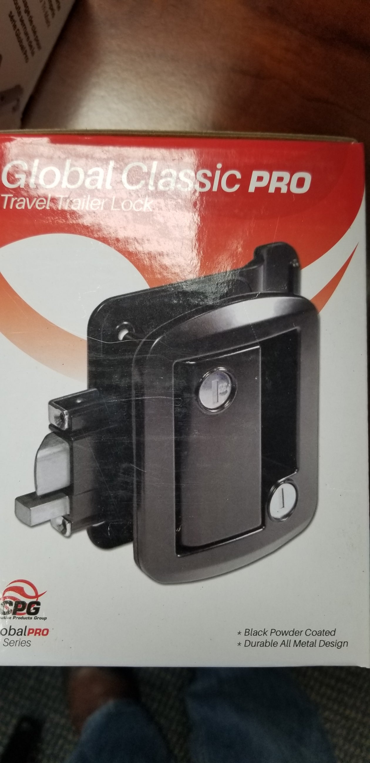 Tex Trail black RV door latch with inner and outer handles, two keys, striker plate, and screws for secure RV entry.